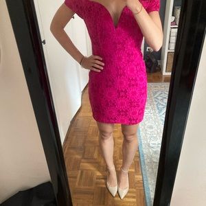 Lace pink off the shoulder mini dress